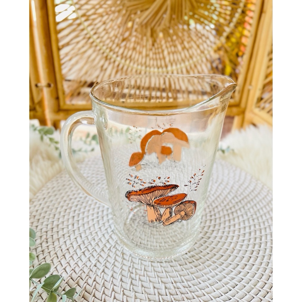 Vintage Retro 70s Mushroom Print Glass Pitcher - Picture 2 of 4